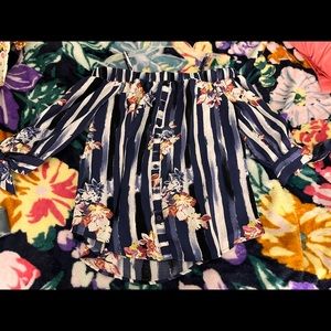 Blue and White stripes with flowers blouse